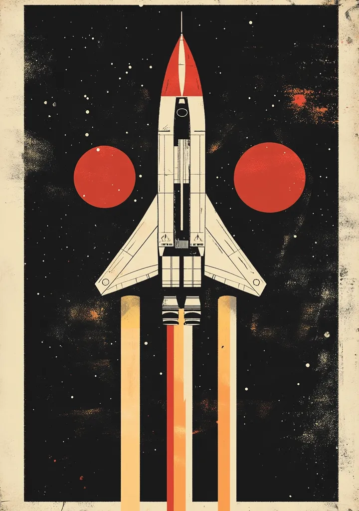 The image depicts a stylized rocket ship soaring through space.  The ship is white with a red nose cone, and is emitting orange and red flames from its engines.  It is surrounded by a dark starry background, with two large red orbs flanking it. The image has a retro-futuristic feel, with a gritty, vintage aesthetic.  The overall composition is simple yet striking, creating a sense of wonder and excitement.
