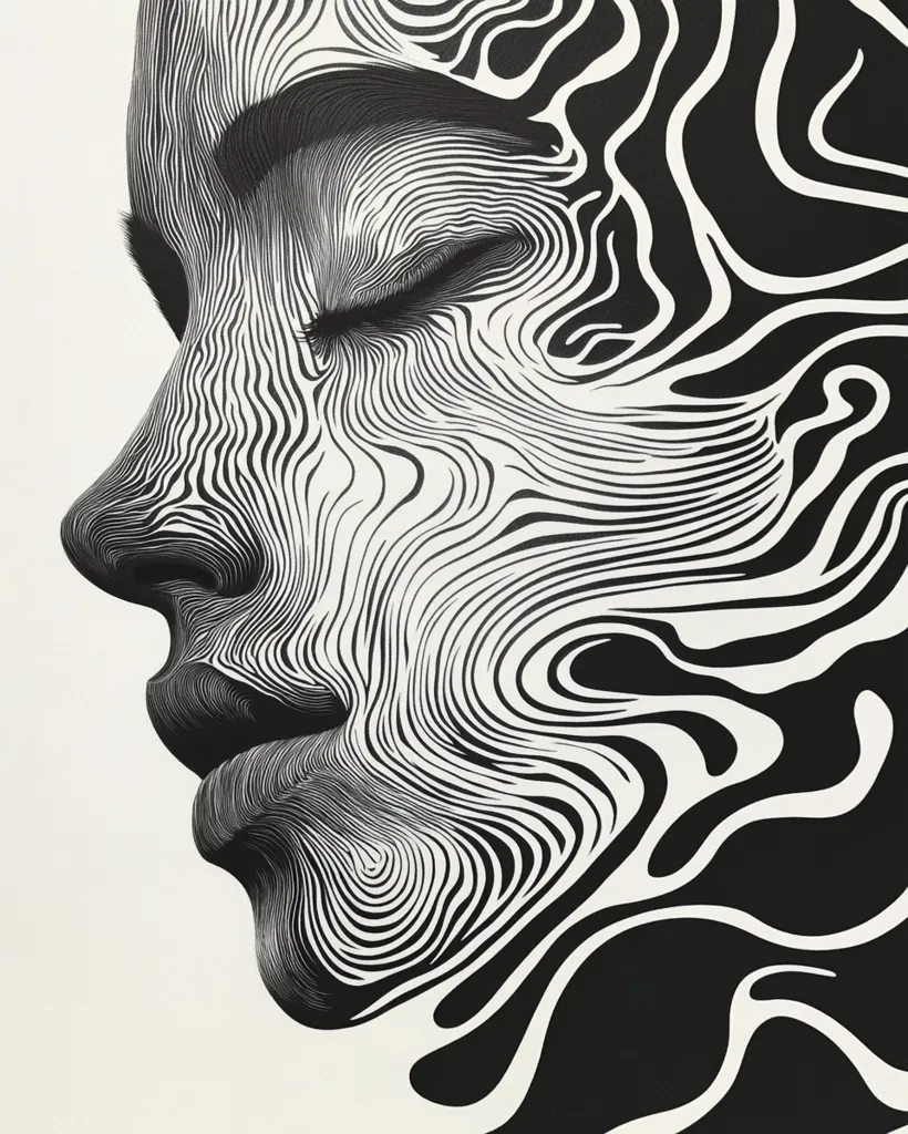 The image is a black and white line drawing of a woman's face. The lines are curved and swirling, creating a sense of movement and energy. The woman's eyes are closed, and her lips are slightly parted. The image is a study in contrasts, with the dark lines against the white background creating a striking visual effect. It is a minimalist and abstract representation of the human form.