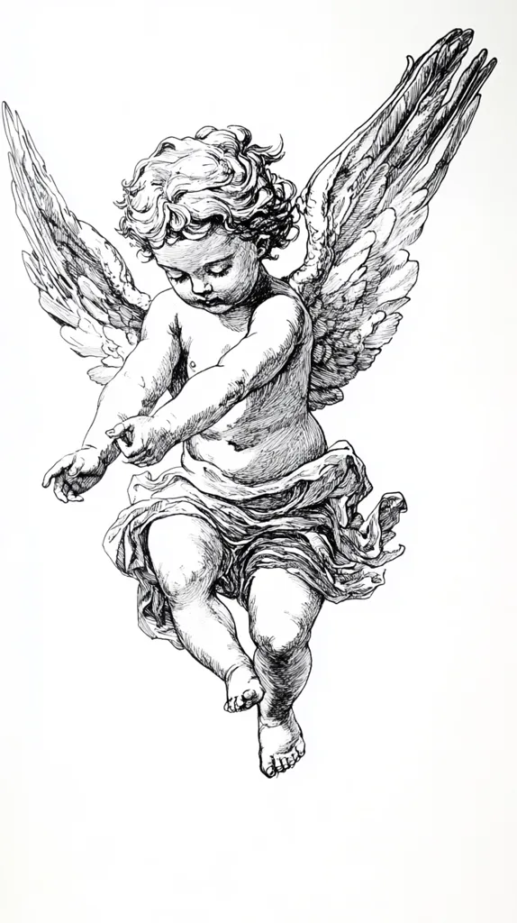 The image is a black and white pen and ink drawing of a cherub angel. The cherub has large, feathery wings, and is depicted in mid-flight, with its body twisted slightly to the side. The cherub's head is tilted downwards, and its face is obscured by its long, flowing hair. The cherub is wearing a simple, flowing garment that is billowing in the wind. The drawing is highly detailed, with the artist meticulously capturing the texture of the cherub's wings and skin. The overall effect is one of ethereal beauty and innocence.
