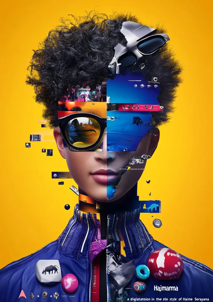 A digital art portrait of a person with a thick afro, wearing sunglasses and a blue jacket. The face is made of multiple fragmented images, creating a mosaic effect. The background is a solid yellow. The image is a digital interpretation of a person, and the title "Hajimmama" and the caption "A digitalization in the style of Jaime Sorayana" are present at the bottom.  The overall style is colorful and abstract, capturing a dynamic and futuristic aesthetic.