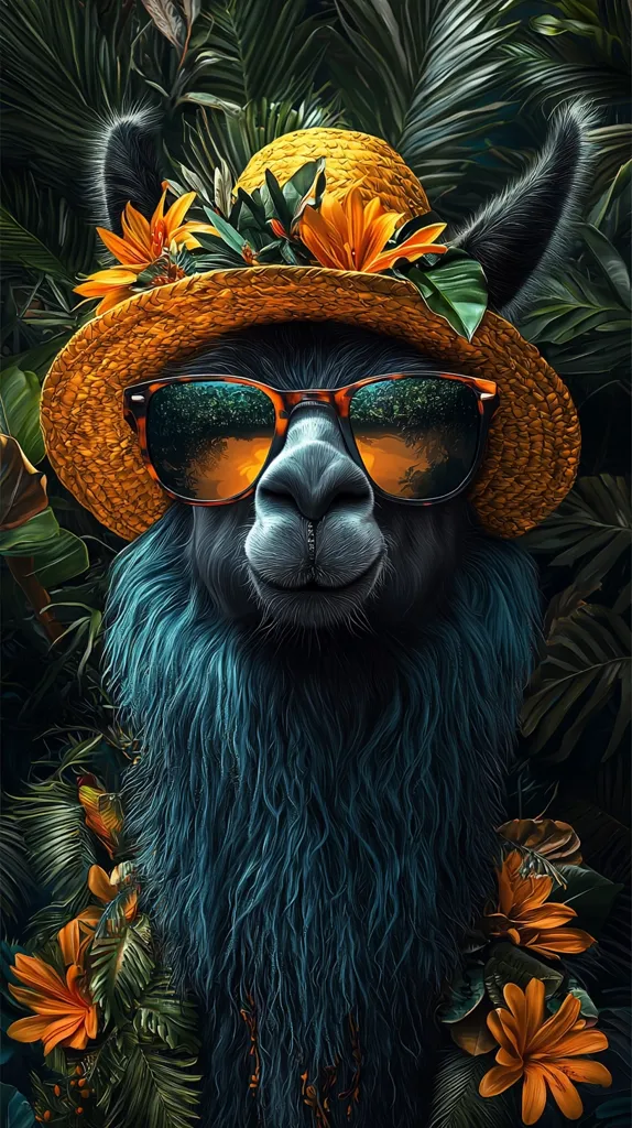 A llama wearing a straw hat, sunglasses, and flowers around its head, is surrounded by lush green foliage. The llama's fur is a deep blue, and it has a serious expression on its face. The background is a blur of green leaves, creating a sense of depth and mystery. The image has a whimsical and surreal quality.