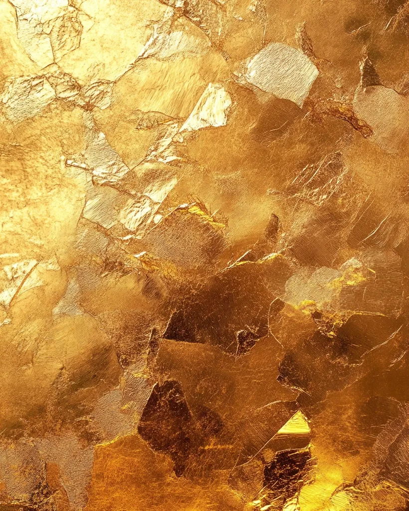 The image shows a close-up of a textured gold surface. The gold is uneven and has a rough, cracked appearance. The surface is illuminated by a warm, yellow light, which creates a sense of richness and opulence. The image is abstract and can be interpreted in many ways.  Some might see it as a representation of wealth, luxury, or power. Others might see it as a metaphor for the fragility and impermanence of beauty. The image evokes a sense of both awe and mystery.  It's a striking visual that is sure to capture the attention of viewers.
