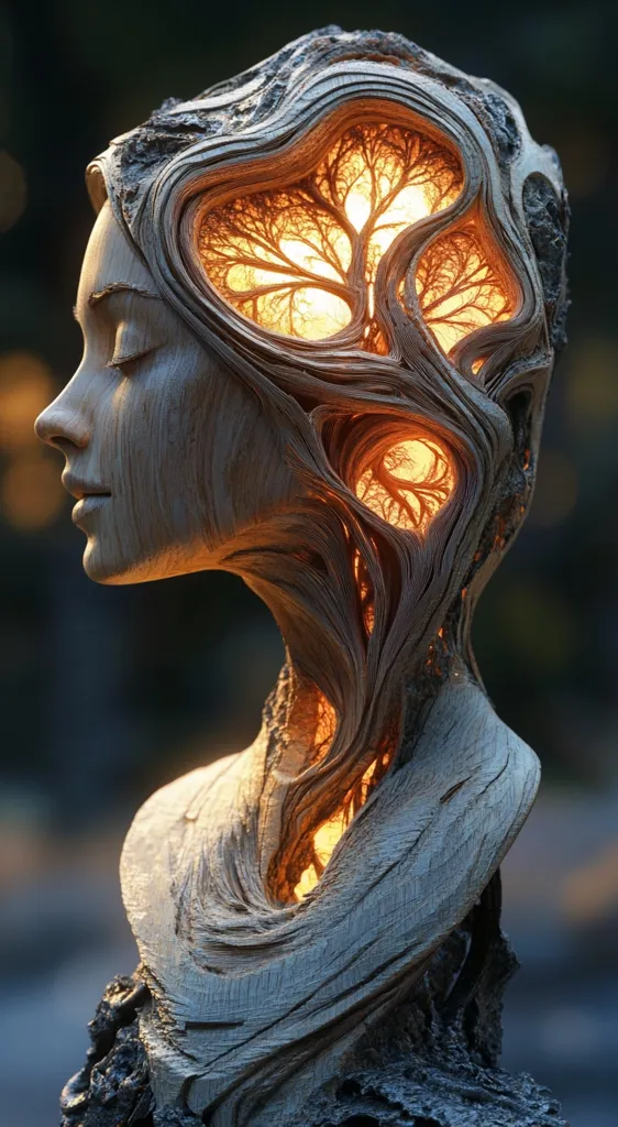 A wooden sculpture of a woman's head with a tree growing inside. The tree is lit from within, casting a warm glow on the woman's face. The sculpture is intricately carved, with detailed features and a sense of organic beauty. The piece evokes a feeling of connection between nature and humanity.