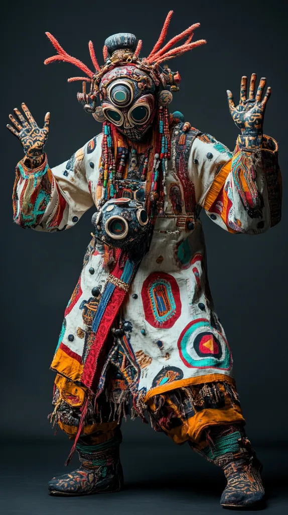 A figure wearing a brightly colored, intricate costume stands against a dark background. The costume features a large, detailed mask with multiple eyes and a long, flowing robe adorned with beads, embroidery, and patterns. The figure’s hands are raised, suggesting a performance or ritual. The overall aesthetic is a blend of futuristic and tribal, evoking a sense of otherworldly spectacle.
