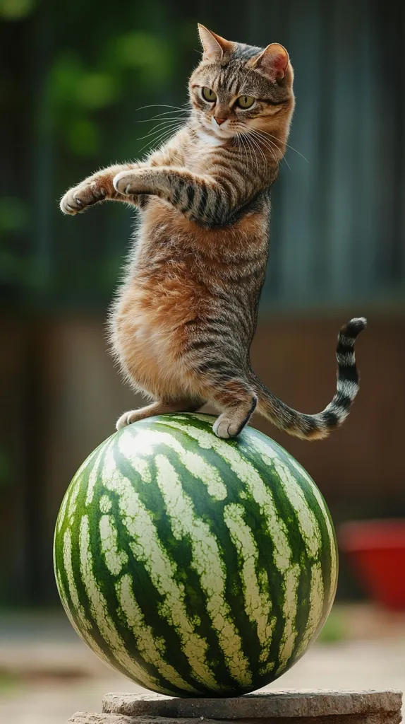 A tabby cat with green eyes balances on a large, ripe watermelon. Its hind legs are stretched out behind it, its front paws are placed on the watermelon's surface, and its tail curls around the fruit. The cat looks towards the left side of the image, with a determined expression. The background is a blurred green and brown. The image captures a playful and unexpected moment.
