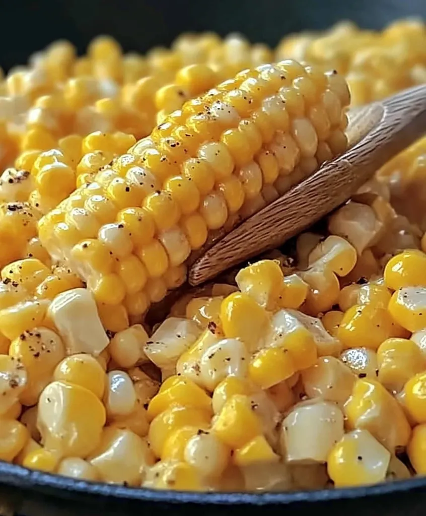 A close-up shot of a skillet filled with creamy, golden corn kernels. A single ear of corn, still on the cob, sits on top of the dish, partially obscured by a wooden utensil. The corn is sprinkled with black pepper, adding a touch of spice to the sweet and savory dish.  The image evokes a warm and comforting feeling, perfect for a summer meal.