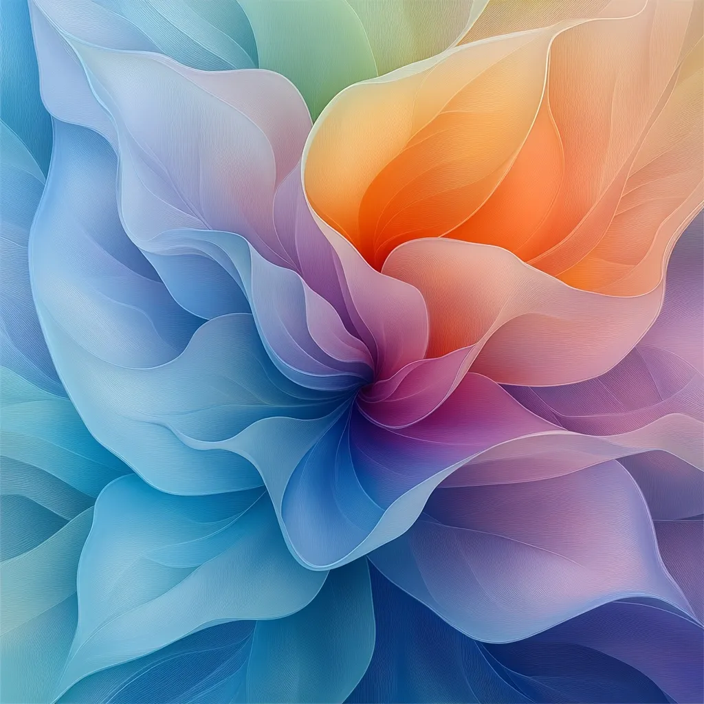 The image is an abstract floral design with soft, flowing lines. The petals are a gradient of blue, purple, pink, and orange, creating a sense of depth and movement. The colors are muted and pastel, giving the image a calming and ethereal feel.  The central focus is a swirl of vibrant colors creating a captivating vortex.