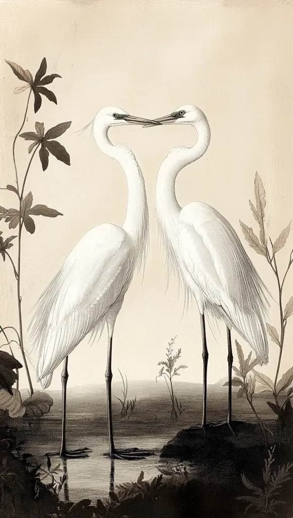 Two white egrets, with long necks and beaks, face each other with their beaks touching. Their bodies are white and their legs are black. They are standing in a shallow body of water, surrounded by plants. The background is a light beige color. The image is a detailed illustration of the birds.