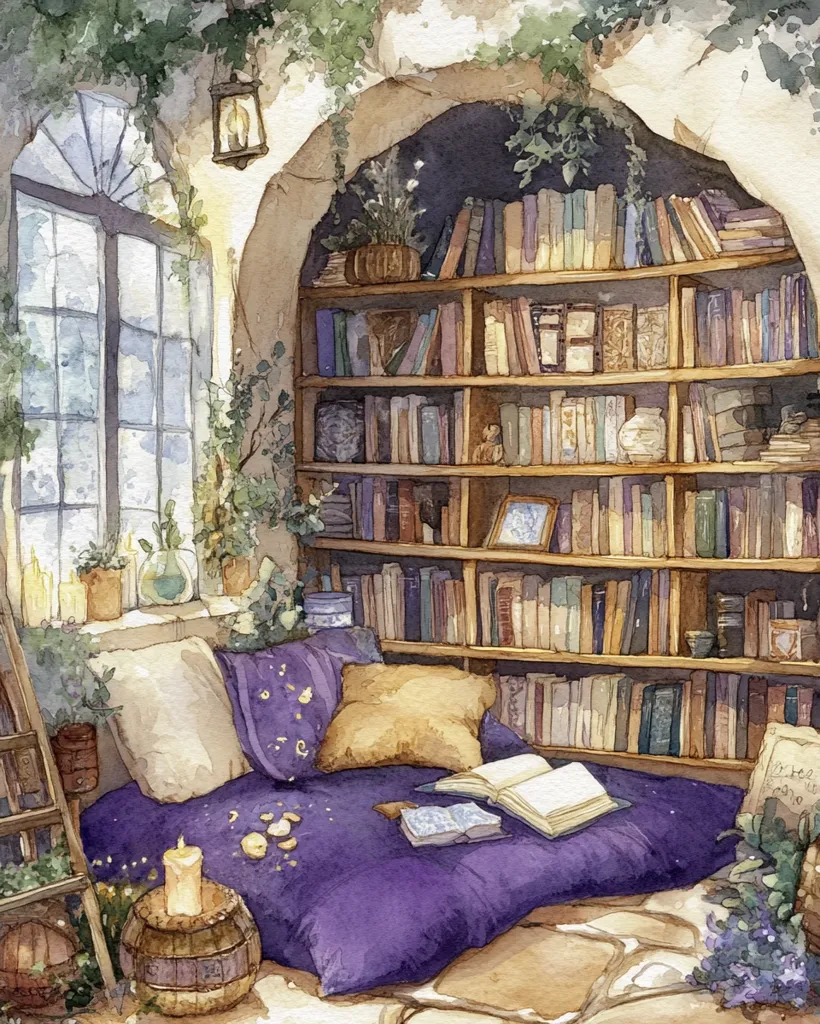 A cozy nook in a stone building, bathed in warm sunlight streaming through a large window. A large bookcase filled with books lines the wall, offering a wide selection of reading material. A comfortable purple cushion sits in front of the bookcase, inviting one to relax and enjoy a good book. Vines and plants adorn the walls, adding to the charming ambiance. An open book rests on the cushion, suggesting a moment interrupted.  A single lit candle on a wooden barrel adds a touch of warmth to the scene.  The painting evokes a sense of peace and tranquility, inviting the viewer to escape into a world of literature.