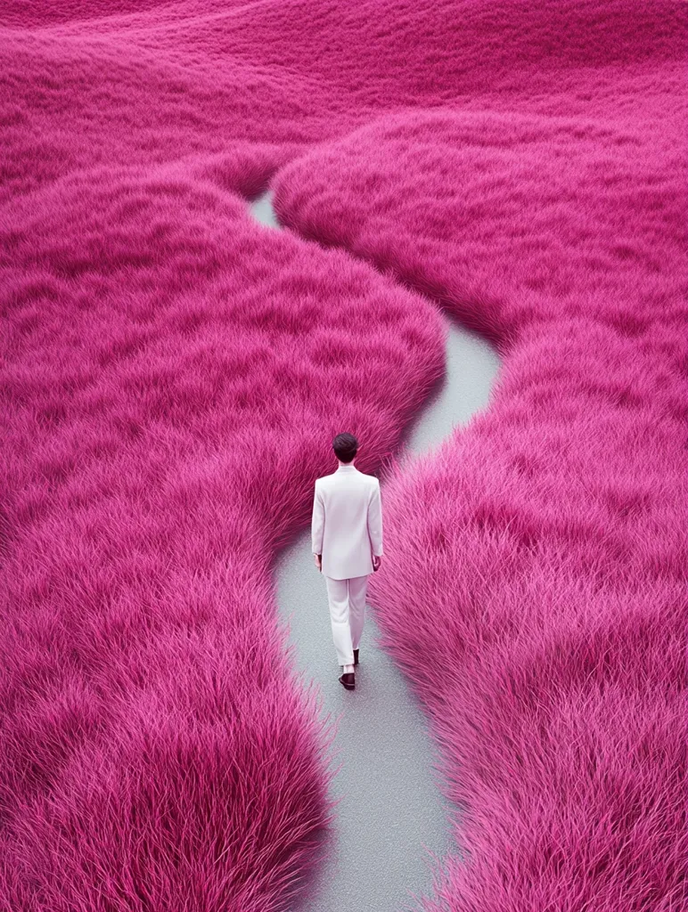 A man in a white suit walks down a path in a field of vibrant pink grass. The path curves through the dense grass, creating a surreal and otherworldly landscape. The man's back is turned to the viewer, emphasizing his journey into the unknown. The image evokes a sense of mystery and isolation, inviting contemplation on the path ahead.