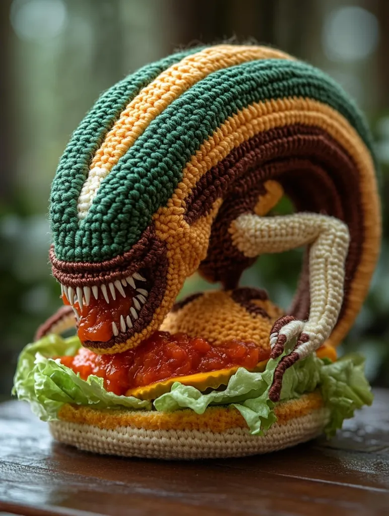 A crocheted alien creature, with green, yellow, and brown stripes, is depicted in the act of consuming a large, crocheted burger. The burger is topped with ketchup and lettuce, and the alien's mouth is open wide, revealing rows of sharp teeth. The creature's pose suggests a voracious appetite and a playful, whimsical tone. The scene is captured with a close-up perspective, highlighting the intricate details of the crocheted creations.