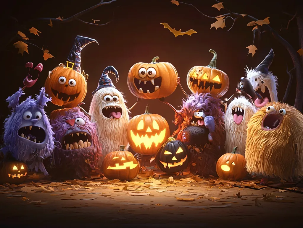 A group of fuzzy, friendly monsters are gathered around a pile of jack-o'-lanterns, celebrating Halloween. They are all wearing costumes and have big smiles on their faces. The scene is set in a dark forest, with leaves scattered on the ground. The pumpkins are lit from the inside, creating a warm, inviting glow.