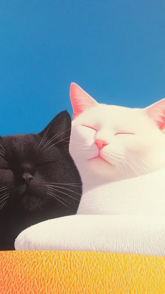 A white cat and a black cat are napping together, their eyes closed and their faces relaxed. The white cat is on top, with its head resting on the black cat's back. Both cats have soft fur. The background is a bright blue sky. They are lying on a yellow, textured surface.