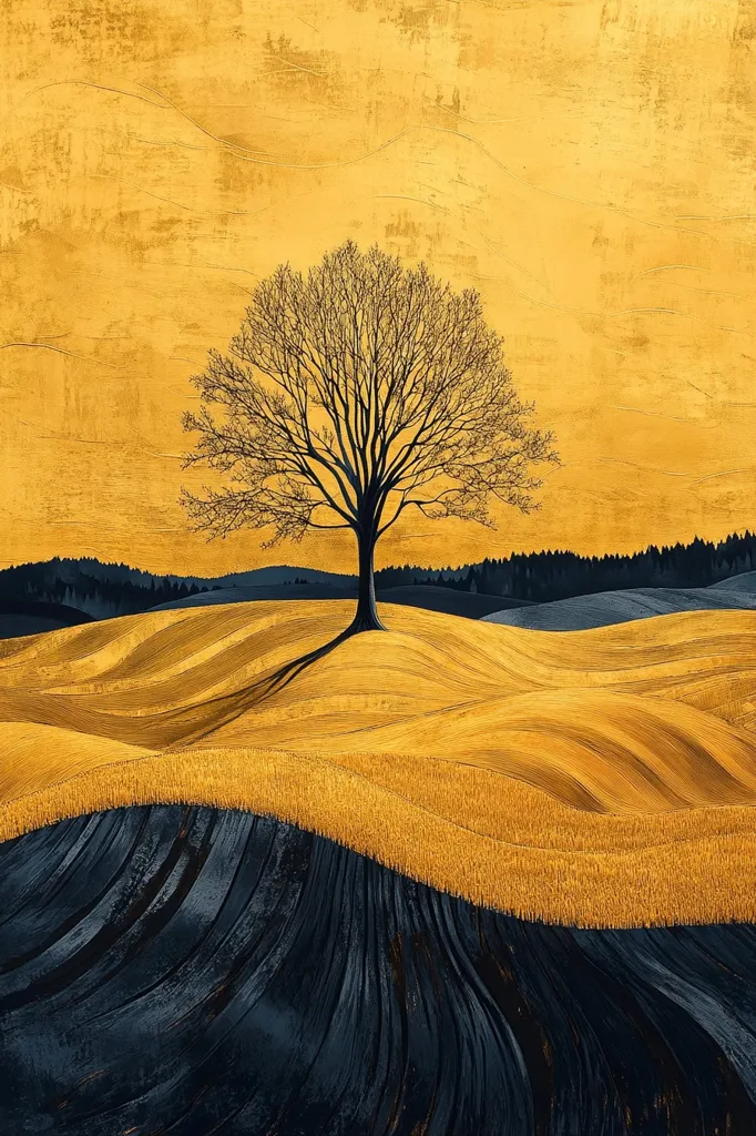The image depicts a solitary tree standing on a hilltop in a landscape painted in shades of gold and blue. The tree's silhouette is stark against the textured golden background, suggesting a field of ripe wheat or a sunset sky. The rolling hills in the foreground, a blend of gold and deep blue, create a sense of depth and serenity. The overall effect is one of tranquility and subtle beauty.