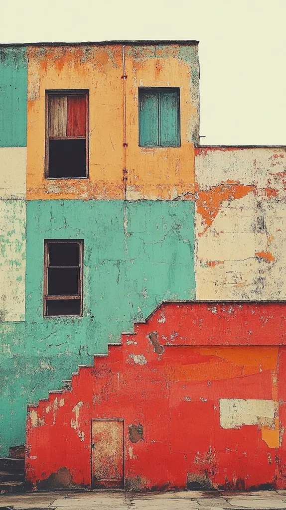 A weathered building with peeling paint in shades of orange, red, teal, and white. The building is divided into sections, with windows and a door. A set of stairs leads up to the top of the building. The scene is captured with a vintage, faded aesthetic.