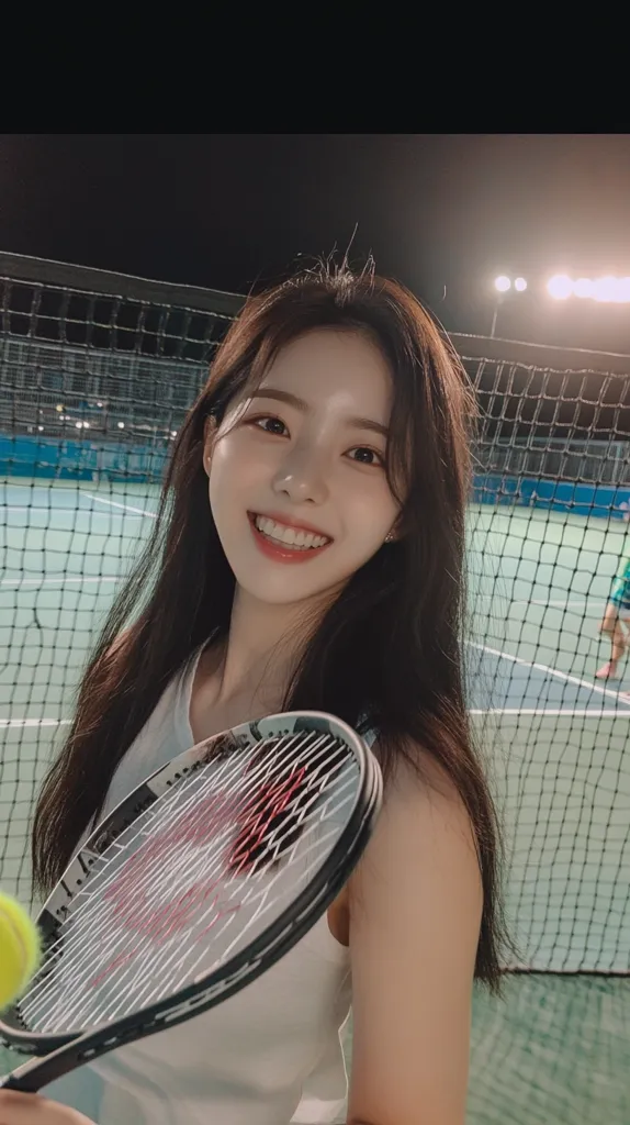 A young woman with long dark hair smiles brightly at the camera while holding a tennis racket. She is wearing a white tank top and is standing on a tennis court. The net and a green court surface are visible behind her. The lighting is soft and warm, creating a gentle atmosphere.