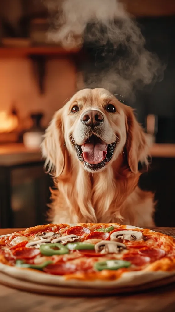 A golden retriever dog sits with its tongue out, looking at a pepperoni pizza with mushrooms, green peppers, and cheese. The pizza is steaming and the dog seems to be drooling. The image is taken from a low angle and captures a humorous moment of a dog wanting pizza.