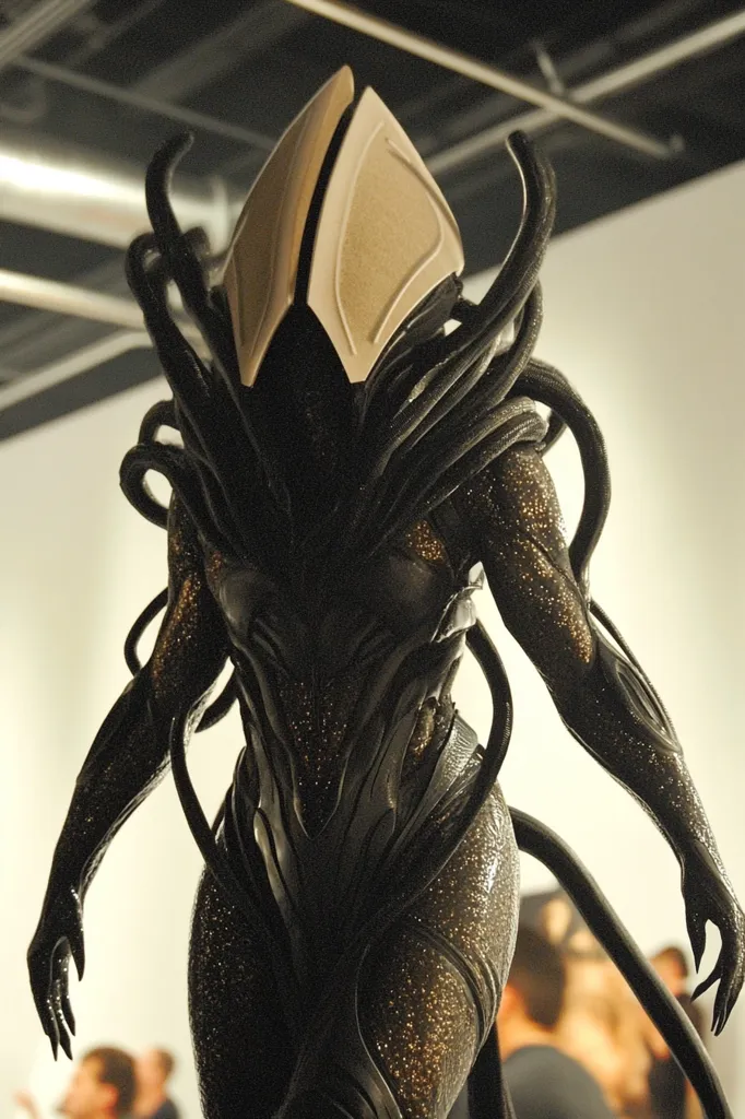 The image shows a figure in a black and silver costume with a large, angular headpiece. The costume is made of a textured material that appears to be skin-tight, and the headpiece is smooth and white. The figure's arms are extended, and the pose is dynamic and powerful. The figure appears to be in the midst of some kind of action, possibly fighting or performing.