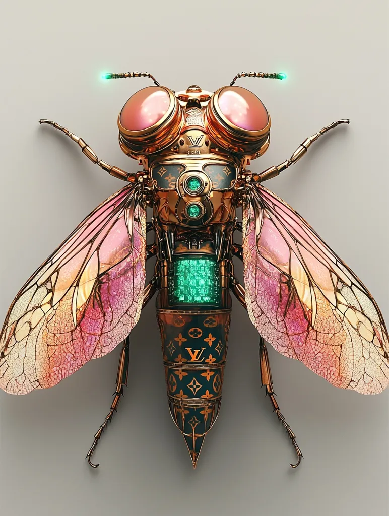 A stylized, metallic insect with delicate, translucent wings in shades of pink and orange. Its body is intricately crafted in gold with a prominent Louis Vuitton monogram design. The insect's head features two large, round, pink eyes and small green antennae. The overall effect is a glamorous and futuristic take on the natural world.