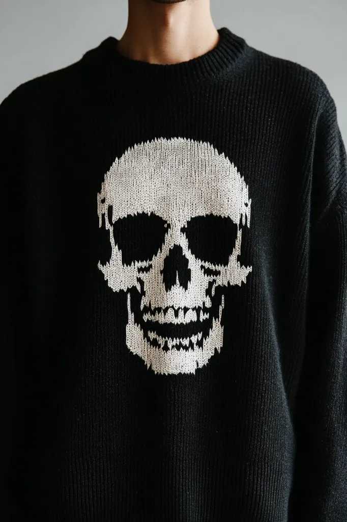 A person is wearing a black knitted sweater with a white skull design on the front. The skull is centered on the chest and is a simple, graphic design. The sweater is a relaxed fit and has a crew neck. The person's face and arms are not visible. The background is a plain white wall. The image is minimalist and graphic in style.