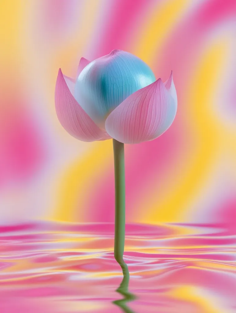 A single pink and blue lotus flower with a green stem stands upright in still water. The water reflects the colors of the flower and the background, which is a blurred gradient of pink, yellow, and white. The image is simple and serene, with a sense of tranquility and beauty.