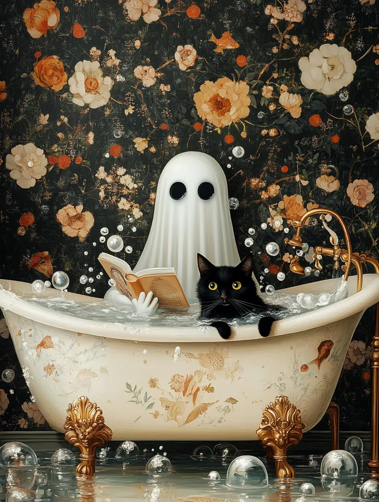 A ghost in a white sheet is taking a bath with a black cat. The ghost is reading a book. The bathtub is ornate and gold. The background is a floral wallpaper with a dark green and orange color scheme. There are many soap bubbles floating in the air. The image has a whimsical and surreal quality.