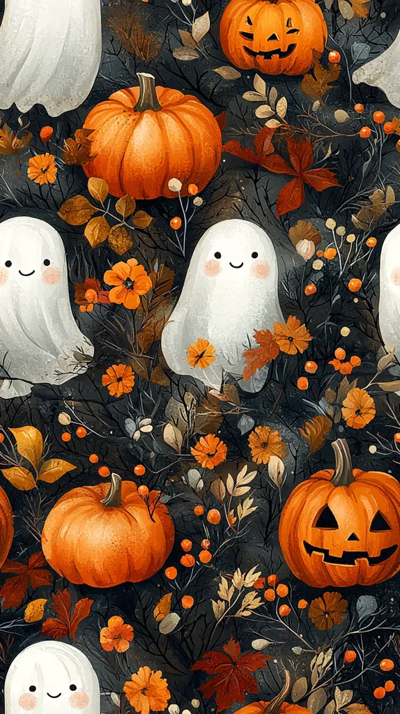The image features a dark, autumnal background with intricate branches, leaves, and berries.  Smiling ghosts and pumpkins with jack-o-lantern faces are nestled amongst the foliage. The colors are warm and inviting, with oranges, yellows, and browns dominating the scene. The overall feeling is cheerful and festive, evoking the spirit of Halloween.