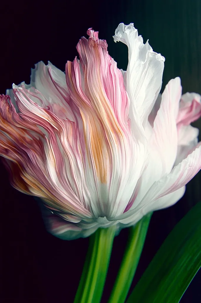 A single, delicate flower with white and pink petals, reminiscent of a tulip, is captured in a close-up shot. The petals are delicately layered and curled, creating a soft, ethereal effect. The flower is illuminated by a soft light, showcasing its intricate details. The backdrop is a dark, almost black, providing a stark contrast that emphasizes the flower's beauty and fragility. The stems, barely visible, are green and slender, adding a touch of life and vibrancy to the composition.  The image evokes a sense of purity, grace, and fleeting beauty.