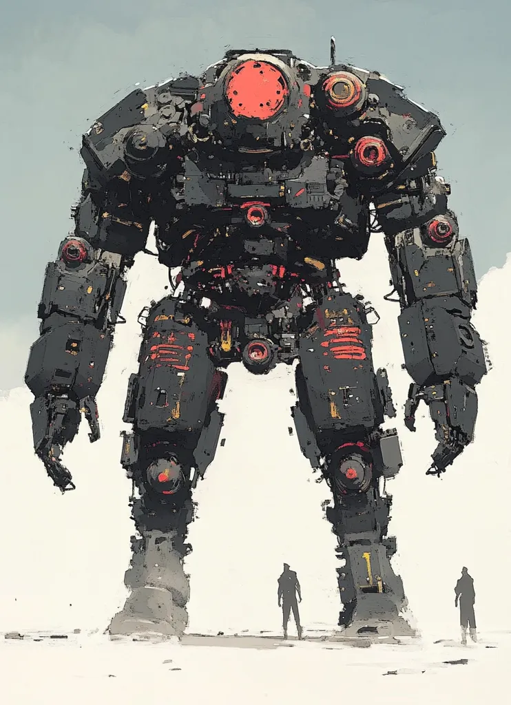 A massive, black and red robotic mech stands tall in a desolate landscape, its imposing figure dwarfing two tiny human figures in the foreground. The mech is intricately detailed, with multiple joints, gears, and weapons, hinting at its powerful capabilities. The cloudy sky above emphasizes the mech's dominance and the vastness of its surroundings.