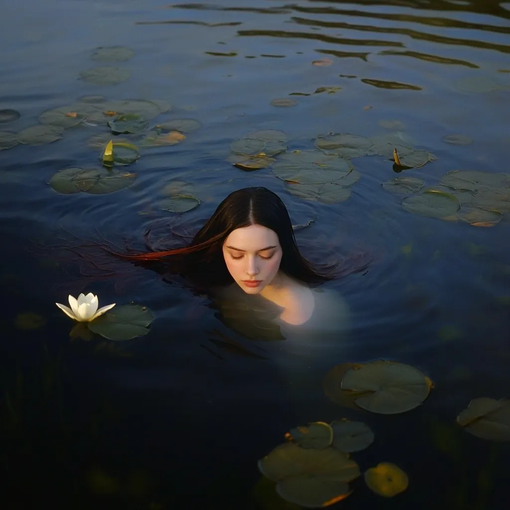 A young woman with long dark hair floats in a still pond, her face submerged just below the surface. Lily pads and a single white water lily dot the water, creating a tranquil and ethereal scene. The soft light casts shadows, enhancing the mysterious atmosphere.