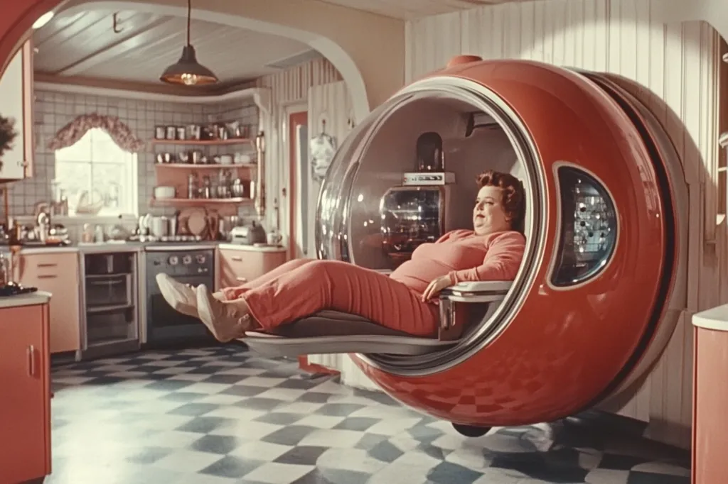 A woman in a pink jumpsuit relaxes in a futuristic, red, egg-shaped chair in the middle of a 1950s style kitchen. The chair appears to be suspended in the air. The woman looks content, with her feet propped up and a faint smile on her face.  The kitchen is decorated in bright pink and white, with a checkered floor.  The scene is reminiscent of a retro science fiction vision of the future.
