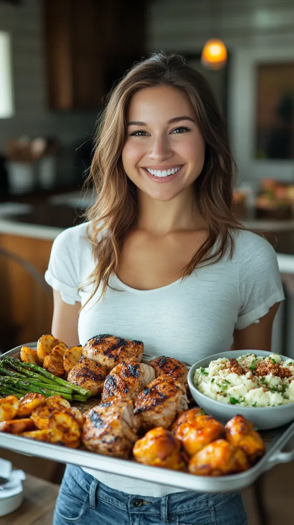 A young woman with long brown hair is holding a tray of food. The tray contains grilled chicken, roasted potatoes, asparagus, and a side of mashed potatoes. The woman is smiling brightly as she presents the tray. The setting is a casual, home-style kitchen. The food looks delicious and inviting. The woman is dressed in a casual white t-shirt and blue jeans.