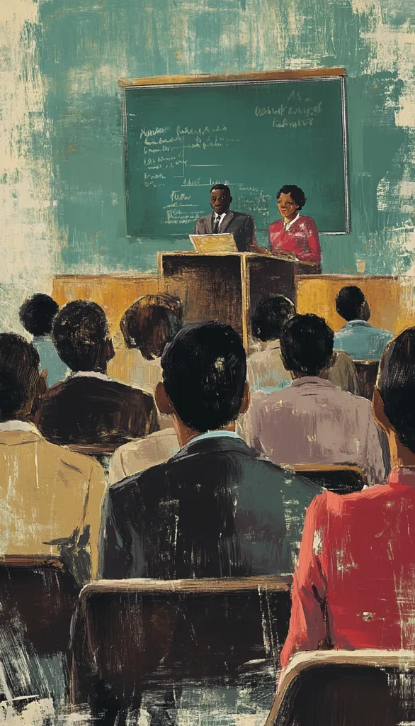 A classroom scene with a blackboard behind two teachers at a podium. The room is filled with students sitting in rows of desks. The room is painted in muted tones with a green chalkboard and a brown wooden floor. The teachers and students are all dressed in 1960s attire, and the overall atmosphere is one of quiet learning.