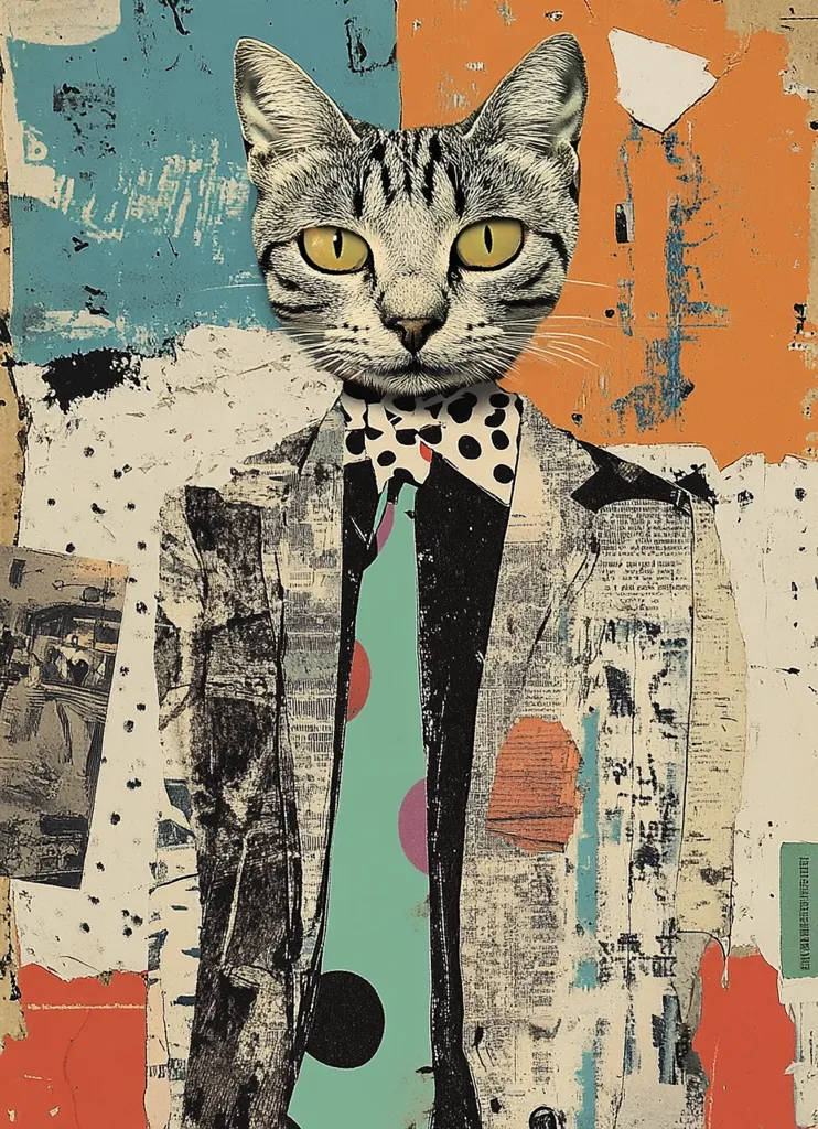 A cat's head is superimposed on a human body wearing a suit, tie, and bow tie. The background is a collage of different colors and textures. The cat is looking directly at the viewer with a serious expression. The image is a humorous and playful take on the idea of anthropomorphism. The use of collage adds a sense of texture and depth to the image.
