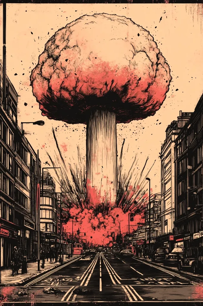 A large mushroom cloud dominates the center of the image, casting a menacing shadow over a city street. Buildings line the street on both sides, their windows darkened by the looming threat. A few figures are scattered in the street, their backs turned to the viewer, suggesting an urgent evacuation. The scene is rendered in a stark, graphic style, emphasizing the destructive power of the event.  The image evokes a sense of post-apocalyptic desolation and the devastating consequences of war.