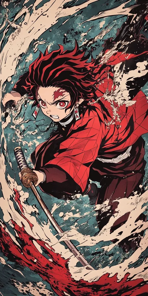 The image is of a manga character, Tanjiro Kamado from Demon Slayer, in a dynamic pose. He is holding a katana sword and surrounded by swirling water, with his red hair and clothing contrasting against the blue and white background. The image has a sense of motion and intensity, showcasing Tanjiro's determination and fighting spirit. The illustration uses a bold and vibrant color palette and dynamic linework, creating a visually striking and engaging piece.