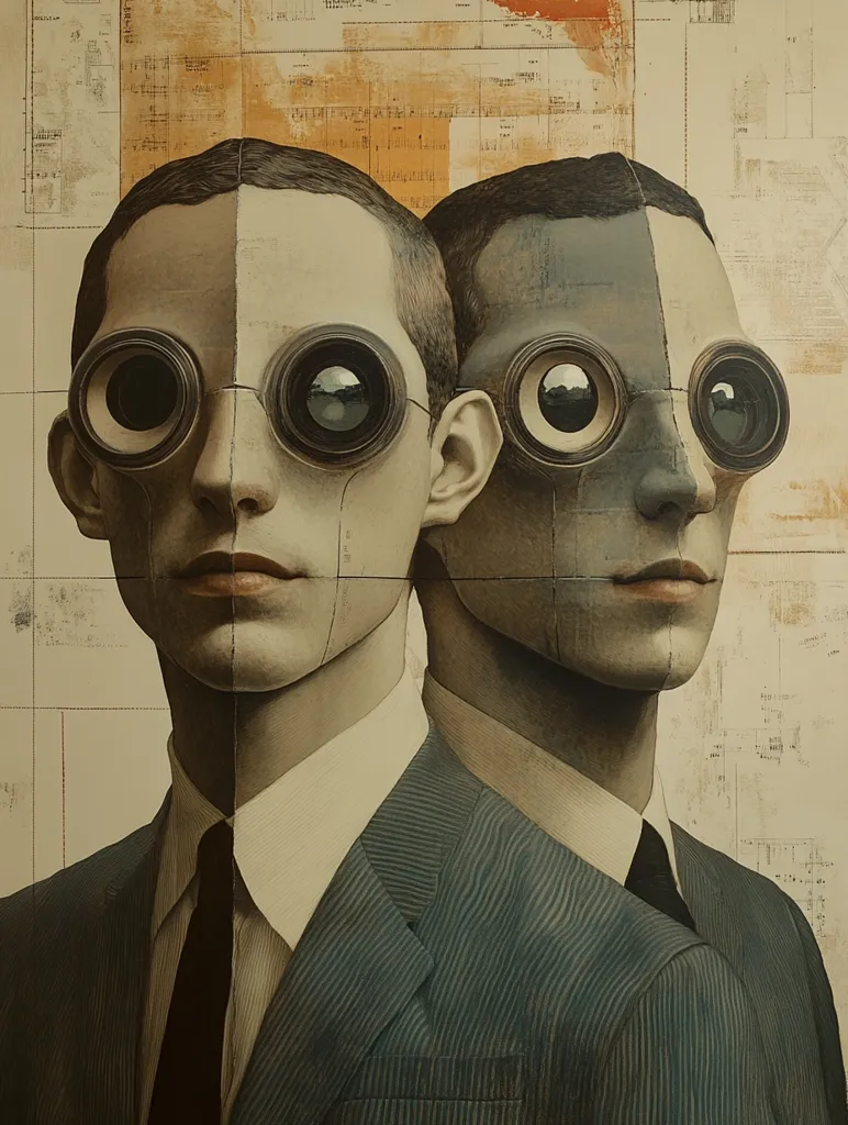 The painting depicts two men in suits, standing side by side. Their faces are split in half, with one side rendered in a realistic style and the other side appearing mechanical, with large, round, protruding eyes. The background is a faded, gridded paper, creating an industrial and sterile atmosphere. The men's expressions are neutral, creating a sense of detachment and anonymity. The overall image suggests a commentary on the dehumanizing aspects of modern life and technology.
