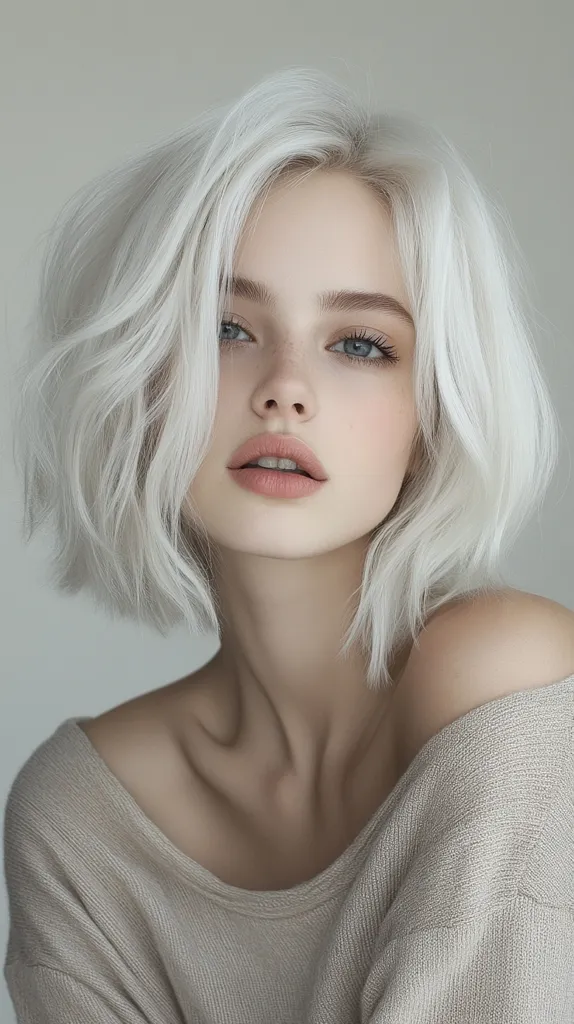 A young woman with short, platinum blonde hair looks directly at the camera. She has pale skin and large blue eyes. Her lips are full and slightly parted. She is wearing a simple, light-colored sweater. The background is a plain, off-white wall. The image is soft and ethereal, focusing on the woman's delicate features.