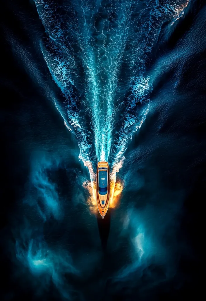 A luxury yacht speeds through the dark, deep ocean. It leaves a trail of white foam behind it, illuminated by the moonlight. The yacht is a golden color and has a sleek, modern design. The water is a deep blue and the sky is black. The image is taken from a high angle, giving the viewer a sense of the vastness of the ocean.