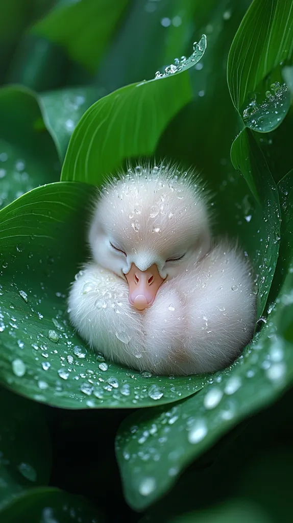 A fluffy white duckling sleeps peacefully on a bed of lush green leaves. Raindrops glisten on the leaves, adding a touch of magic to the scene. The duckling's closed eyes and soft feathers create a sense of tranquility and innocence. The image captures the beauty of nature and the serenity of a sleeping creature.