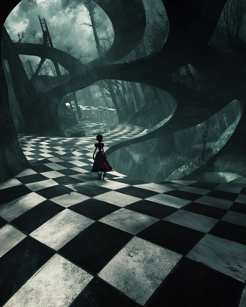 A solitary figure in a red dress walks across a checkered floor, disappearing into a shadowy, surreal landscape. The background is dominated by large, warped, and seemingly organic structures that create a sense of disorientation and mystery. The overall atmosphere is one of intrigue and unease, reminiscent of a dream or a fantastical world.