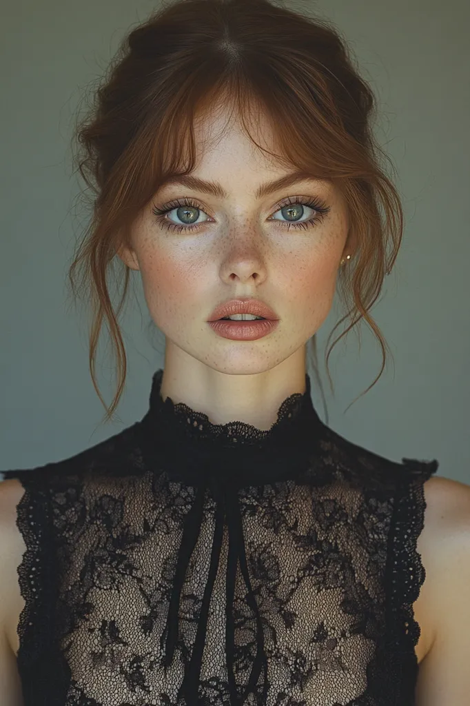 The image is a portrait of a young woman with auburn hair styled in a half-updo, wearing a black lace top. Her eyes are a piercing blue, and she has freckles across her nose and cheeks. She has a neutral expression and her lips are slightly parted. The background is a soft, muted gray. The lighting is soft and natural, highlighting the delicate features of the woman's face. The image exudes an air of mystery and elegance.