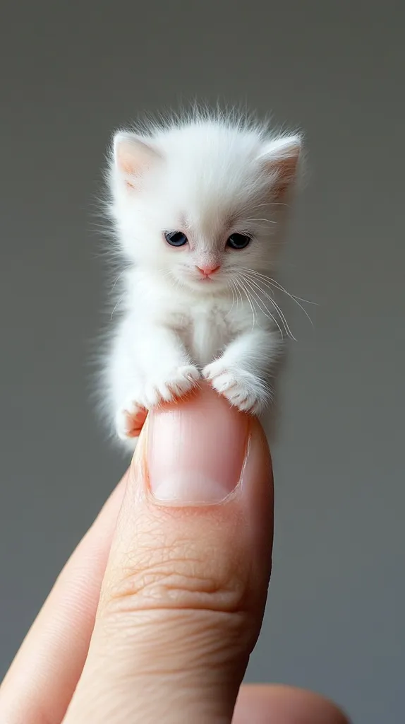A tiny white kitten with blue eyes is sitting on a human finger. The kitten is very small and fluffy. It is looking down at the finger with its paws tucked in. The kitten's fur is soft and white, and its eyes are bright blue. The finger is pale and smooth. The background is a blurry grey.  The kitten's size is emphasized by the large human finger it is sitting on.
