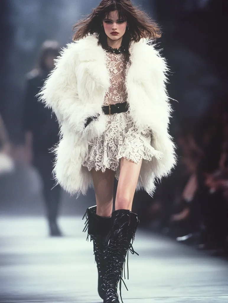 A female model walks down a runway wearing a white fur coat over a lacy white dress. She has a black belt cinched around her waist and is wearing tall black boots with fringe details. Her hair is dark and falls around her shoulders.  The runway is white and the background is out of focus.
