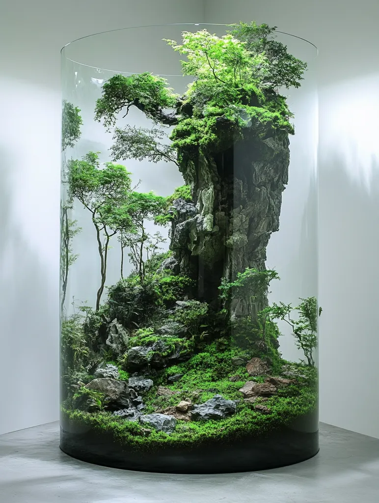 A large, cylindrical glass terrarium contains a miniature forest. A rocky outcropping rises up, covered in moss and ferns. Small trees and shrubs sprout from the ground, creating a sense of depth and wilderness. The terrarium is illuminated by a soft light, casting a gentle glow on the lush greenery. It's a serene and captivating scene, capturing the beauty of nature in a compact space.