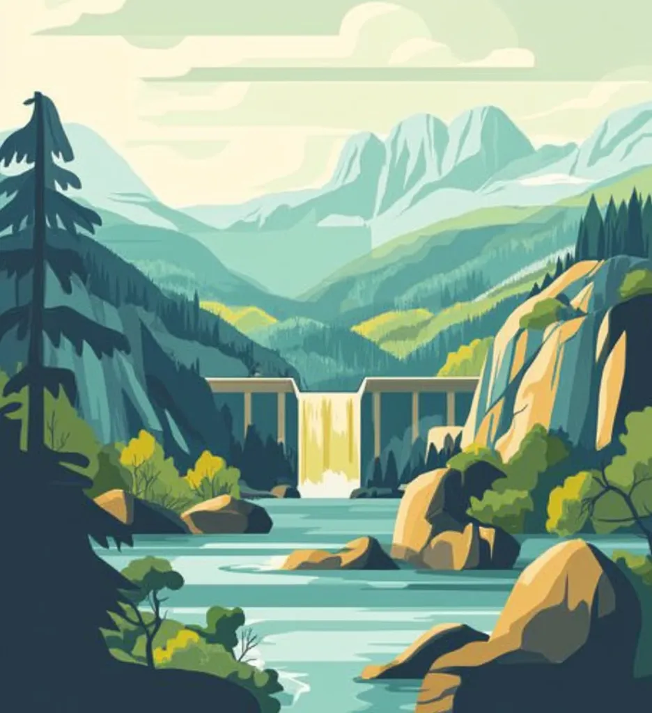 A tranquil scene unfolds with a cascading waterfall flowing from a dam nestled in a valley. Lush green trees line the water's edge, leading towards distant, snow-capped mountains. The sunlight casts soft shadows on the rocks and the still waters, creating a serene and picturesque landscape.