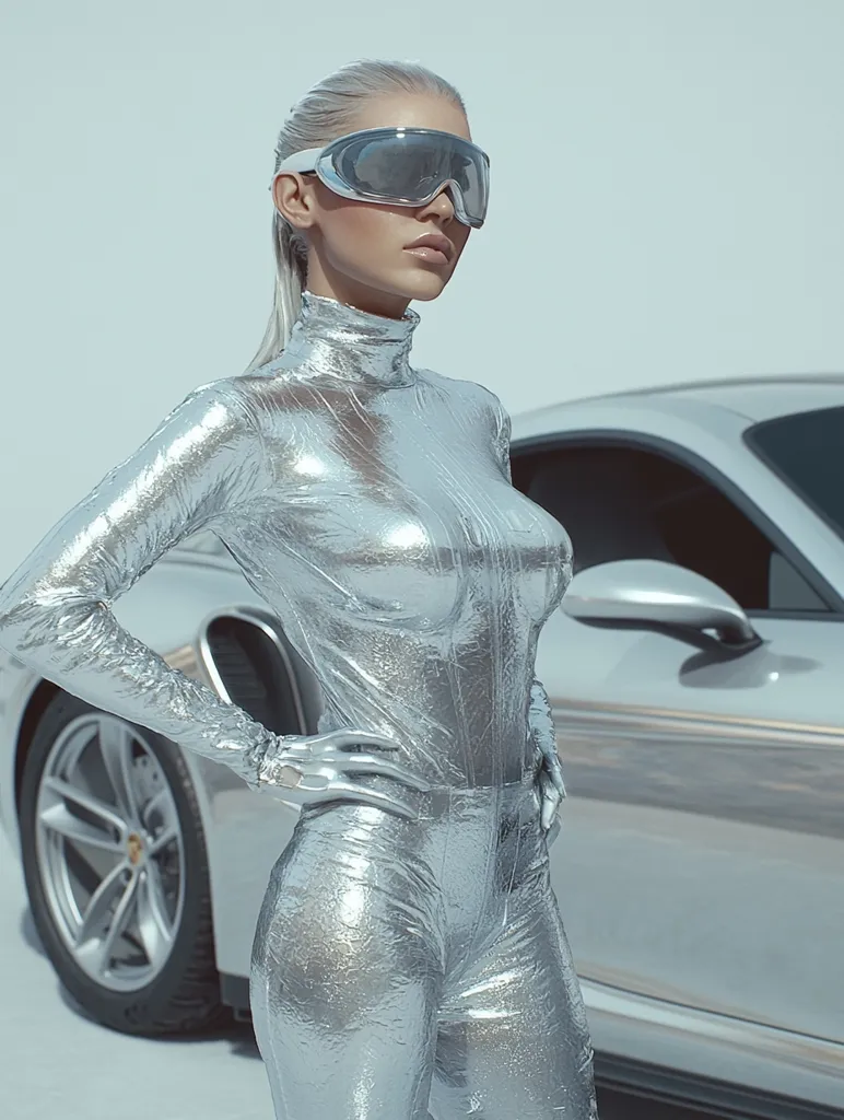A woman with platinum blonde hair and a silver jumpsuit poses in front of a silver sports car. She is wearing futuristic goggles and her hand is on her hip. The background is a white studio space. The image has a cool, futuristic aesthetic.