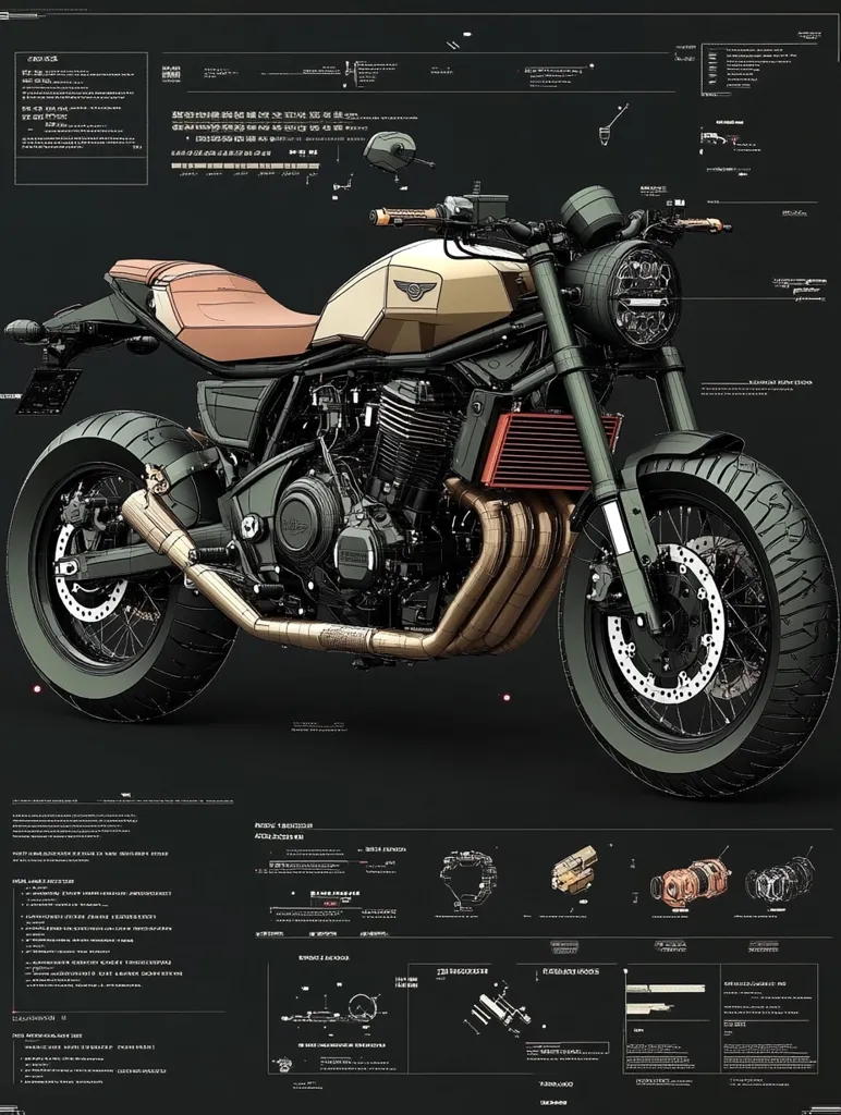 The image showcases a detailed design of a custom motorcycle. It is a black and white illustration with the motorcycle positioned in the center. The background is filled with technical drawings, specifications, and diagrams. The bike features a muscular frame, a sleek tank, and a powerful engine. The details of the engine and exhaust system are highlighted, providing a glimpse into the inner workings of the machine. The image combines a sleek aesthetic with intricate mechanical details.