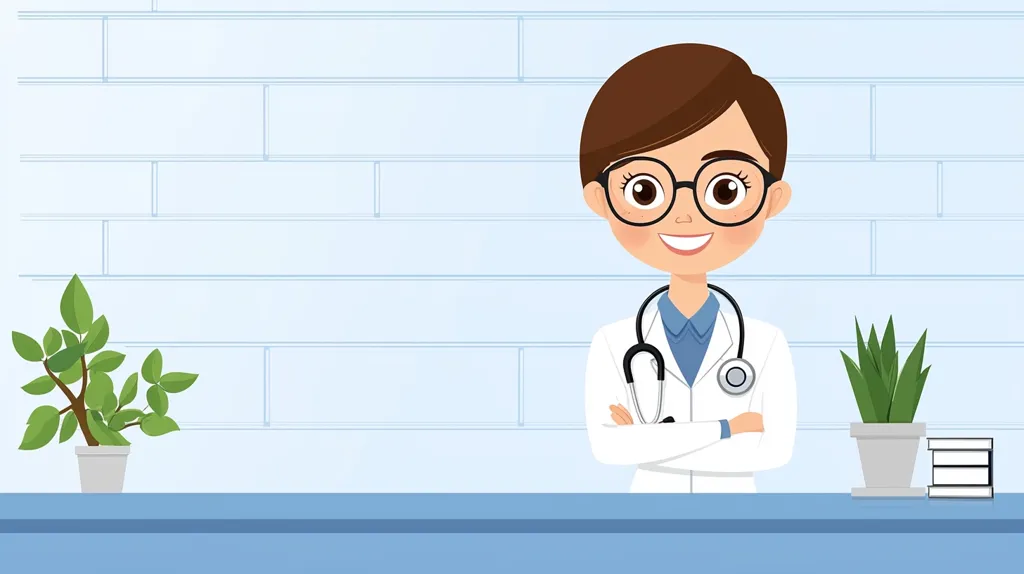 A cartoon doctor, a young woman with brown hair, glasses, and a white coat, stands behind a blue counter. She is smiling and has her arms crossed. There is a plant in a pot on the counter to the left of her, and another plant and a stack of books to her right. The background is a light blue brick wall.  The scene conveys a welcoming and professional medical setting.