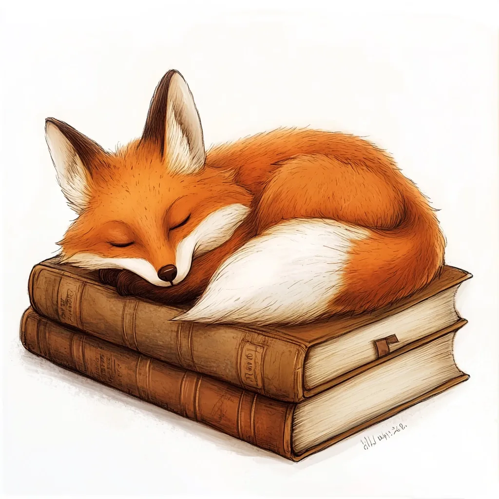 A red fox with a bushy tail is curled up asleep on top of two antique-looking books. The fox's eyes are closed and its ears are relaxed. The books are bound in brown leather and have gold lettering on the spines. The scene is rendered in a cartoon style with soft, warm colors.  The image suggests a sense of peace and tranquility.